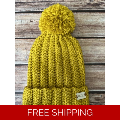 Adult Hat with Pom Pom (Mustard)